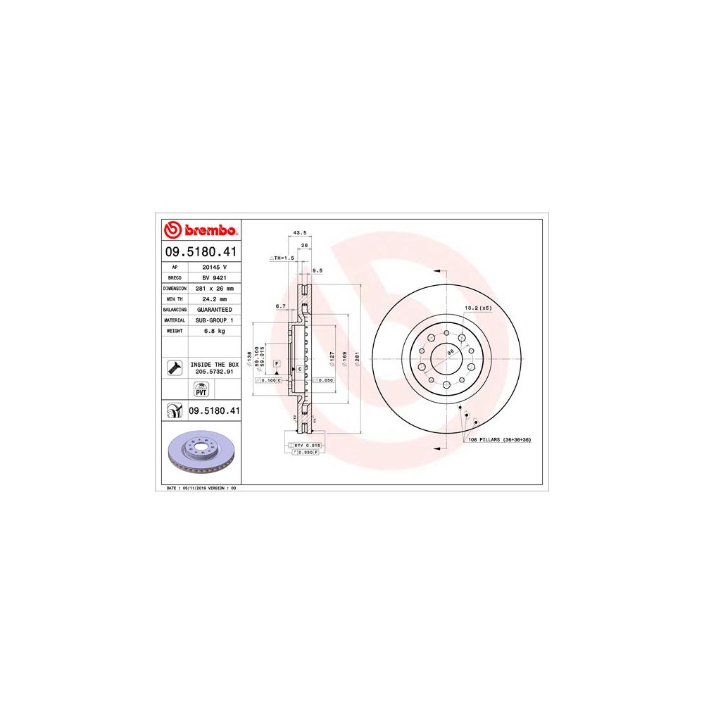 Disco de freno 09.5180.41 BREMBO